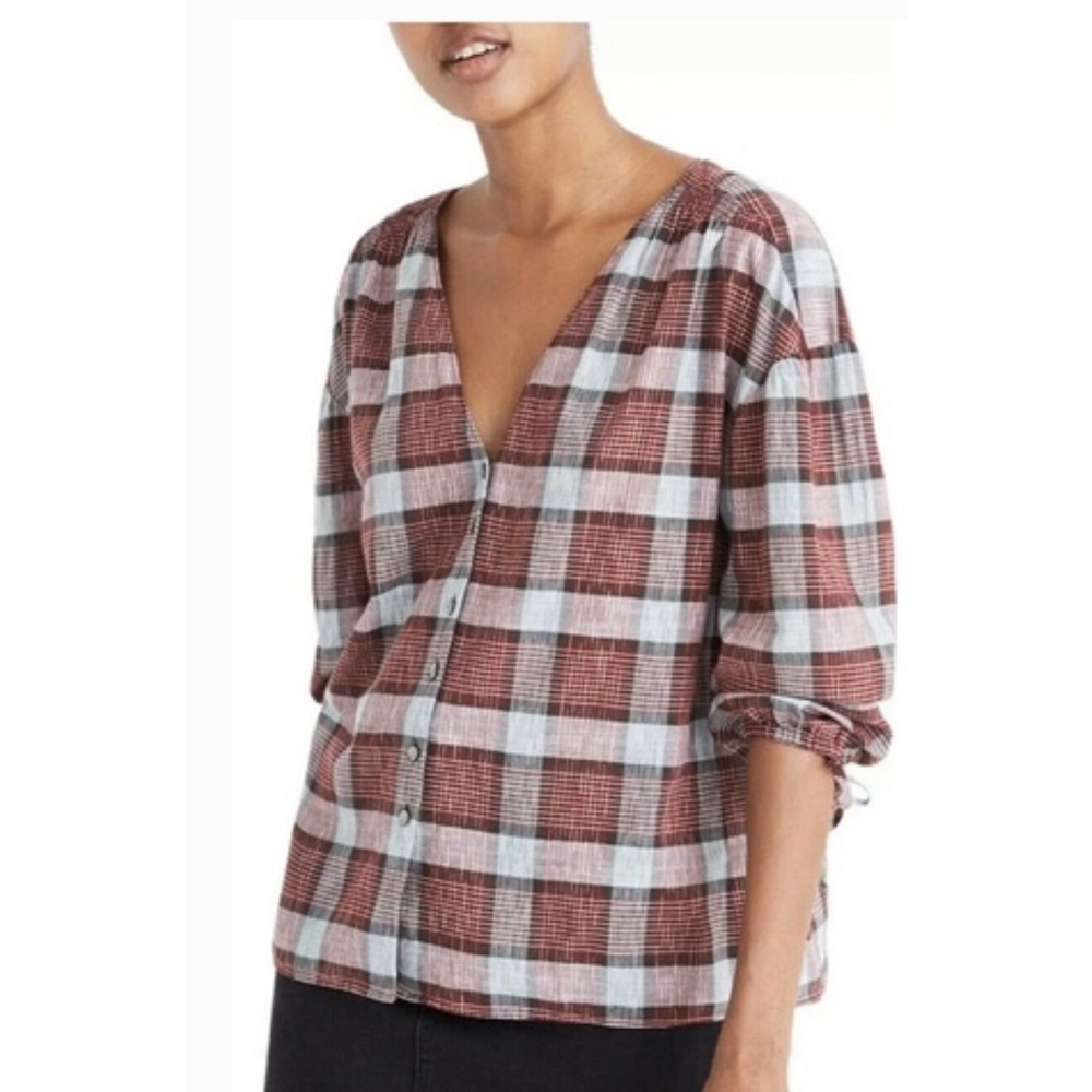 Madewell Morning View Plaid Tie Sleeve Top XS 3/4 Sleeve V-Neck‎ 100% Cotton